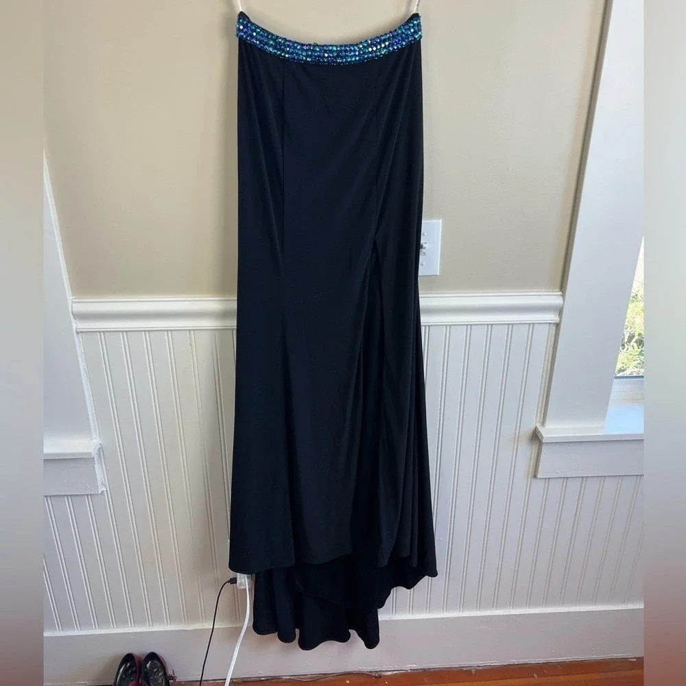 Tiffany Designs Black Formal Maxi Skirt Beaded Waist High Slit Train Size 4